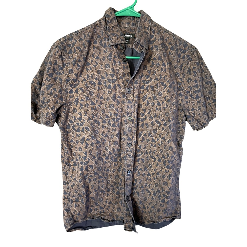 Express Men Geometric Print Short Sleeve Button Up Shirt XS Blue Tan